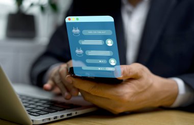 Dijital müşteri hizmetleri uygulama konsepti AI sohbet robotu mobil bilgisayar uygulaması yapay zeka sohbet robotları kullanarak çevrimiçi iletilere otomatik olarak cevap verir ve müşterilere hemen yardım eder.