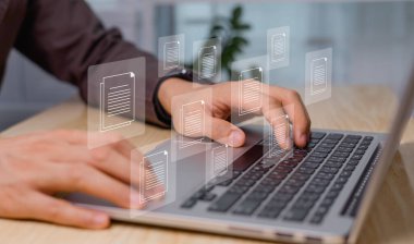 Belge Yönetim Sistemi (DMS) kavramı, çevrimiçi belge veritabanı ve belge yönetim sistemi, verimli dosya yönetimi için otomatik süreç, işletme teknolojisi.