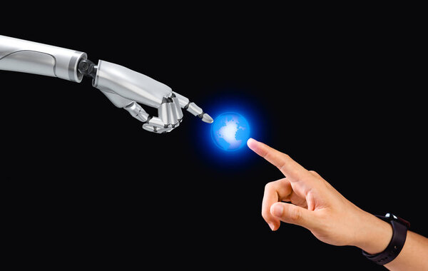 Human and robot hands touch realistic AI interface with fingers, demonstrating the modern innovation of AI being involved in human daily life.