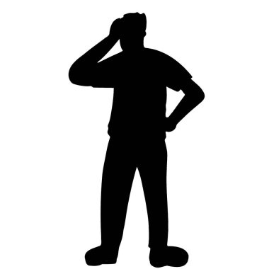 Adam şaşkınlık içinde duruyor, kararsız. Kavram baş ağrısı silueti yapıyor.