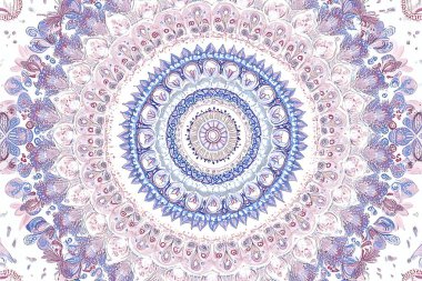 Bu suluboya mandala tasarımı, sakinleştirici mavi ve pembe renklerde karmaşık bir soyut desen içerir. Çiçek esinlenilmiş çember, bohem ve ruhani bir hissi çağrıştıran simetrik ve el çizimi elementleri birleştirir. Dekoratif bir çile olarak ideal