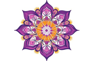 Karmaşık, canlı mor ve turuncu mandala tasarımı, meditasyon, yoga ya da dekoratif sanat baskısı için mükemmel. İzole edilmiş beyaz arkaplana sahip yüksek çözünürlüklü vektör grafiği.