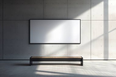 Minimalist gri beton duvar iç döşemesi boş tuval bank, sanat eseri sergisi ya da ürün sunumu için mükemmel. Temiz çizgiler, doğal ışık ve nötr tonlar modern bir estetik oluşturur..