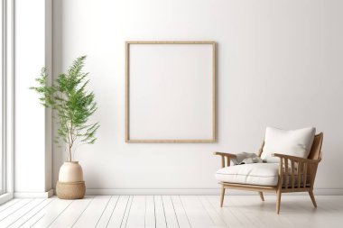 Beyaz bir koltuk, ahşap bir zemin ve boş bir çerçeve içeren parlak, minimalist oturma odası modeli, sanat eserleri veya İskandinav ya da hygge tarzı ev dekorasyonu için mükemmel..