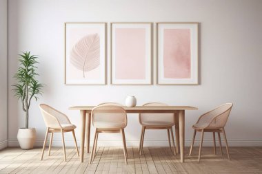 Serene minimalist yemek odası, pembe resim baskıları, hafif ahşap sandalyeler ve bir yukka çiçeği. Zarif, barışçıl uzay gösterisi modern ev dekorasyonu.