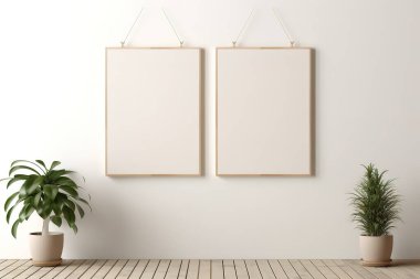 İki basit, kare, ahşap çerçeve beyaz bir duvara asılarak tasarım projeleri için temiz, minimalist bir model oluşturuyor. Sanat eserlerini sergilemek ya da iç tasarımı desteklemek için mükemmel..