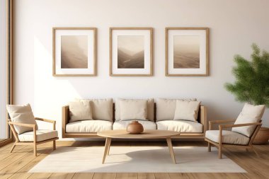 Serene minimalist oturma odası bej kanepe, ahşap sandalyeler ve doğal ışık. Sakin ve zarif bir yer, modern ev dekorasyonu ve iç tasarım için mükemmel..