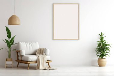 Parlak, minimalist oturma odasının beyaz koltuğu, bitkileri ve doğal ışığı var. Ev dekorasyonu, iç tasarım veya ev dekorasyonu projeleri için mükemmel..
