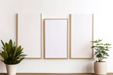 Boş çerçeveler, saksı bitkileri ve nötr renklerle donatılmış minimalist dekorlu parlak, havadar bir oturma odası. Ev dekorasyonu, gayrimenkul ya da tasarım modelleri için mükemmel..