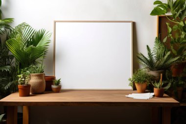 Temiz, minimalist, boş beyaz bir çerçeve içeriyor. Kırsal ahşap bir masada yemyeşil ev bitkileriyle çevrili. Sanat eserleri veya tasarım projeleri sergilemek için mükemmel. Doğal ışık, sakin atmosferi güçlendirir..