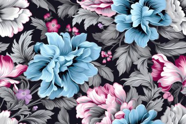 Koyu bir arka planda mavi, pembe ve gri tonlarda zarif, pürüzsüz çiçek desenleri. Tekstil baskıları, duvar kağıtları ya da lüks tasarım projeleri için mükemmel. Sofistike vintage tarzı.
