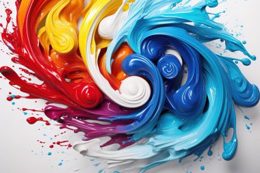 Dinamik soyut sanat, canlı, kıvrımlı boya renklerini cesur ve modern bir tarzda içeriyor. Özgeçmiş, tasarım projeleri ve yaratıcı görsel uygulamalar için ideal.