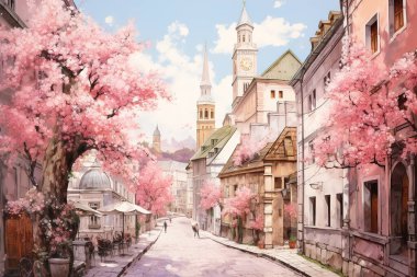 Pastel renkli çiçeklerle süslenmiş büyüleyici bir Avrupa caddesinin ılıman bahar sahnesi. Tuhaf bir mimari ve huzurlu bir atmosfer romantik, rüya gibi bir ortam yaratır. Seyahat, turizm ya da masal temaları için mükemmel..