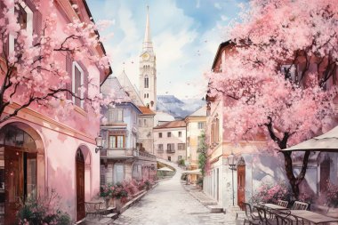 Idyllic bahar sahnesi: Pembe çiçekler, pastel binalar, kaldırım taşı patikaları ve antika kafeler ile büyüleyici bir Avrupa caddesini çerçeveler. Seyahat, turizm ve romantik temalar için mükemmel..