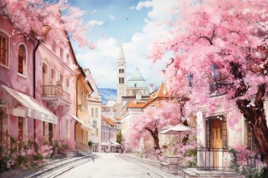 Pembe kiraz çiçekleri ve pastel renkli binaların yer aldığı bir Avrupa şehrinin büyüleyici bahar sokak sahnesi. Seyahat, tatil ya da romantik temalar için ideal bir ortam..