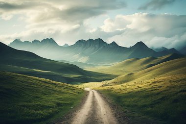 Kıvrımlı bir dağ yolu canlı yeşil bir vadiyi keserek nefes kesici bir panoramik manzara sunuyor. Seyahat, macera ve doğa temalı projeler için mükemmel..
