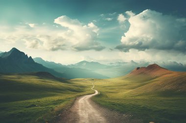 Görkemli bir dağ vadisini kesen dolambaçlı bir yolun sakin panoramik manzarası. Güneş ışığı yemyeşil tepeleri ve canlı bir yaz manzarasını aydınlatır. Seyahat, macera ve doğa temaları için ideal.