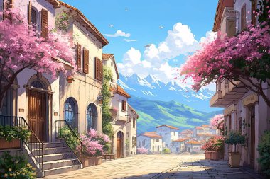 İlkbaharda İtalyan köyü manzarası. Pastel evler, canlı çiçekler ve çarpıcı dağ manzaraları güzel, sakin bir atmosfer yaratıyor, seyahat ve turizm için mükemmel..