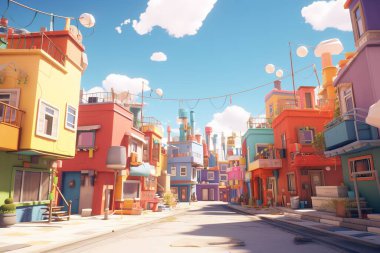 Neşeli çizgi film şehir sokak sahnesi güneş ışığıyla yıkandı. Tuhaf mimari, renkli binalar ve çocuk kitapları, oyunları veya web siteleri için ideal, parlak, mutlu bir atmosfer..