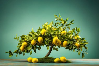Canlı bir stüdyo, deniz mavisi zemininde parlak sarı limonlarla dolu küçük bir limon ağacı sergiliyor. Tazelik, sağlık ve yemek pişirme gibi mutfak kullanımlarını göstermek için mükemmel....