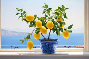 Dekoratif mavi bir tencerede canlı bir limon ağacı güneş ışığında güneşlenir ve güzel bir okyanus manzarası sunar. Bu görüntü sahil dekorunu, sağlıklı yiyecekleri, seyahatleri veya...