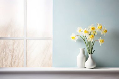 Cam vazolarda zarif beyaz ve sarı nergis çiçekli ve minimalist bir düzenleme oluşturan pastel mavi bir arkaplanı süsler. Ev dekorasyonu, iç tasarım ve bahar temalı projeler için ideal,...