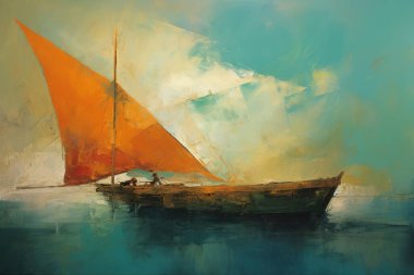Soyut bir tabloda turkuaz suda süzülen turuncu yelkenli canlı bir yelkenli resmediliyor. Bu sanatsal sanat eserleri yaz, macera ve seyahati çağrıştırıyor, deniz veya tatil temalarını resmetmek için ideal.