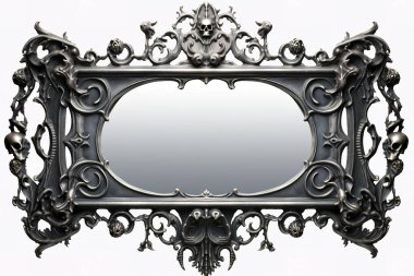 Süslü gotik bir ayna karmaşık kafatası dekorasyonları ve parlak beyaz bir arkaplan üzerine kurulmuş Viktorya dönemi estetiği içerir. Bu antika, izole ayna gotik sanat ve Cadılar Bayramı tasarımları için idealdir..