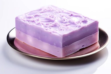 Artistik, katmanlı mor bir sabun, lavanta kokulu el yapımı, küçük, zarif bir altın tabakta duruyor. Bu görüntü cilt bakımı, güzellik, spa ve sağlık ürünleri tanıtımı için mükemmel..