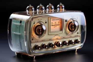 Detaylı olarak incelendiğinde, temiz kaplamalı, parlayan vakum tüplü ve elektronik bileşenli bir retro radyo ortaya çıkıyor. Siyah arka plandaki bu klasik, nostaljik tasarım teknoloji için idealdir.,...
