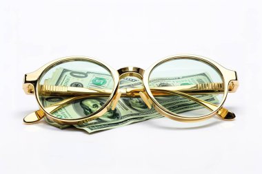 Altın gözlükler 100 dolarlık banknotların üzerinde duruyor. Finansal zenginliği, yatırımı ve iş başarısını simgeliyor. Bu resim finans ve refah kavramlarını resmetmek için idealdir.,...