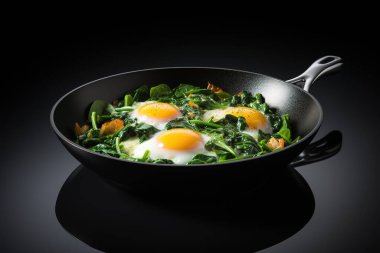 Modern siyah tavada taze sotelenmiş ıspanakla mükemmel kızarmış yumurtalardan oluşan gurme kahvaltısının tadını çıkarın. Bu iştah açıcı ve sağlıklı yemek yemek, yemek tarifi ve beslenme içeriği için idealdir..