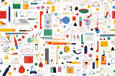 Renkli geometrik şekiller ve temiz beyaz arka planda tasarım unsurları içeren canlı ve modern soyut desen. Modern grafik tasarımı, dijital sanat ve yaratıcı projeler için mükemmel..