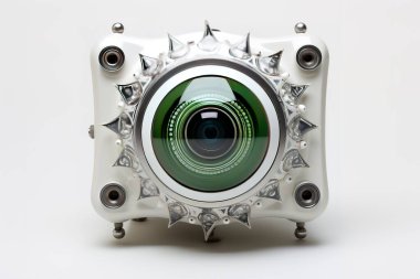 Çarpıcı bir 3 boyutlu tasarım, fütüristik bir kamera tasarımı ve karmaşık detaylar sergiliyor. Bu yüksek teknolojili dijital fotoğraf ekipmanı, yeşil lensli, beyaz arka planda kullanılmak üzere izole edilmiştir....