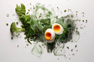 Mükemmel derecede yumuşak haşlanmış yumurtalar canlı yeşil sebzelerle sanatsal olarak düzenlenir ve modern, sağlıklı bir yemek sergilenir. Mutfak blogları, yemek fotoğrafçılığı veya besin odaklı içerik için ideal; yeni, izole edilmiş bir stüdyo çekimi.