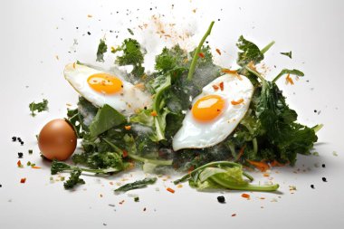 Dinamik ve sanatsal bir stüdyo çekiminde canlı salata yapraklı sahanda yumurta patlaması vardır. Bu sağlıklı yemek konsepti taze, pişmiş yumurta, aşçılık, diyet ve...