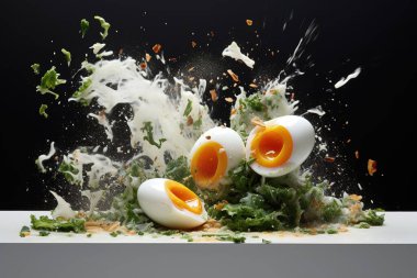 Dinamik yüksek hızlı fotoğrafçılık, patlayan yumurtaları yaratıcı bir mutfak görüntüsüyle yakalar. Bu sanatsal gıda tasarımı, siyah bir arka planda lahana ve sebzelerle hazırlanmış bir kahvaltıyı gözler önüne seriyor. Tam oldu....