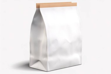 Kahverengi kapaklı minimalist beyaz ambalaj çantası markalaşma ve ürün sunumları için ideal. Temiz beyaz arka plandaki bu model reklam ve pazarlama için yeterli boş alan sunuyor....
