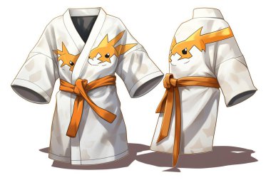 Ayrıntılı illüstrasyonda canlı turuncu aksanlı, canlı beyaz bir karate giysisi ve eşsiz, stilize bir karakter tasarımı gösteriliyor. Bu karikatür çizimi dövüş sanatları eğitim materyalleri için idealdir....