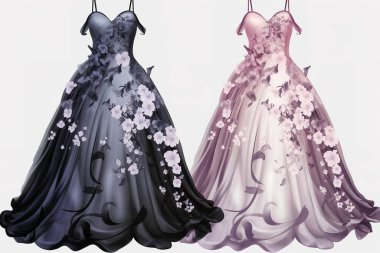 Çiçek aksanlı ve akıcı kumaşlı zarif elbiseler el değmemiş beyaz bir zemine karşı güzelce taşar. Moda tasarımı, düğün konseptleri ve şık kıyafetler için mükemmel. Resim pastel renkte kullanılır...