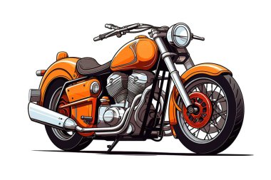 Canlı turuncu bir motosiklet çizimi, tasarım projeleri için mükemmel. Bu grafik beyaz arka planda izole edilmiş klasik bir motosiklet tasvir ediyor. Ulaşım, retro veya kentsel yaşam tarzı temaları için ideal.