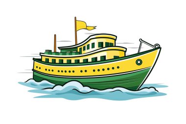 Canlı bir karikatür çizimi mavi sularda yüzen bir feribot tasvir ediyor. Seyahat ve turizm için mükemmel olan bu vektör, dalgalı renkli bir tasarıma sahiptir....