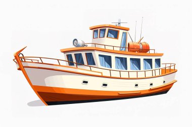 Canlı bir karikatür çizimi, okyanusta seyreden turuncu ve beyaz bir tekne içerir. Seyahat ve turizm projeleri için ideal olan bu vektör illüstrasyonu, deniz taşıtı için mükemmel bir tasvir eder....