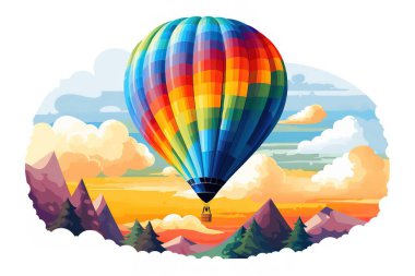 Parlak bir günbatımında çarpıcı bir dağ manzarasının üzerinde canlı bir sıcak hava balonu yüzer. Bu renkli vektör çizimi macera ve seyahat duygusunu çağrıştırıyor....