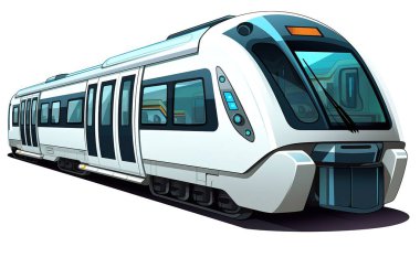 Pürüzsüz, modern, dış görünüşü beyaz ve mavi renkli camlı tren tasarımı. Bu vektör illüstrasyonu, hızlı ulaşım teknolojisi sergilenen ulaşım, kentsel tasarım ve demiryolu projeleri için idealdir..