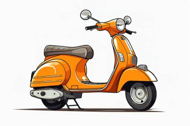 Canlı turuncu Vespa scooter çizimi, seyahat ve ulaşımla ilgili görsel kavramlar için ideal, temiz beyaz bir arka plana karşı sunulmaktadır. Bu klasik tasarım klasik bir İtalyan scooter 'ına sahiptir, projeler için mükemmeldir.