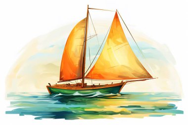 Canlı suluboya sanat eserleri okyanusta zarifçe gezinen bir yelkenliyi tasvir eder. Yelkenli, çarpıcı turuncu ve sarı yelkenleri ile suluboya bir stille yapılmıştır. Bu illüstrasyon yelkenciliğin özünü elementlerle yakalar.