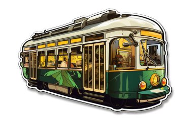 Kaprisli, el çizimi bir çizgi film çizimi neşeli yolcularla dolu klasik yeşil bir tramvay içerir. Bu eski toplu taşıma aracının içi parlak detaylarla dolu seyahat, turizm ve......