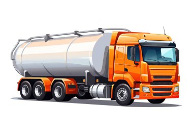 Beyaz arka planda izole edilmiş canlı bir turuncu tanker çizimi verimli yakıt ve kargo taşımacılığını temsil ediyor. Lojistik, dağıtım ve ticari ulaşım tasarımları için ideal, bu vektör resmi vurgular...