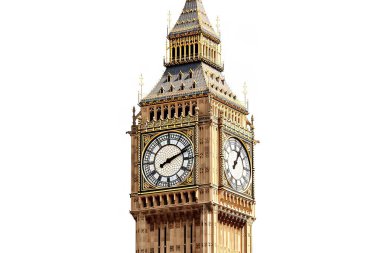 Beyazlar üzerinde izole edilmiş bu ayrıntılı görüntü, Londra 'daki ünlü bir Birleşik Krallık simgesi olan ikonik Big Ben saat kulesini gösteriyor. Seyahat, turizm ve mimari projeler için ideal, tarihi bina...